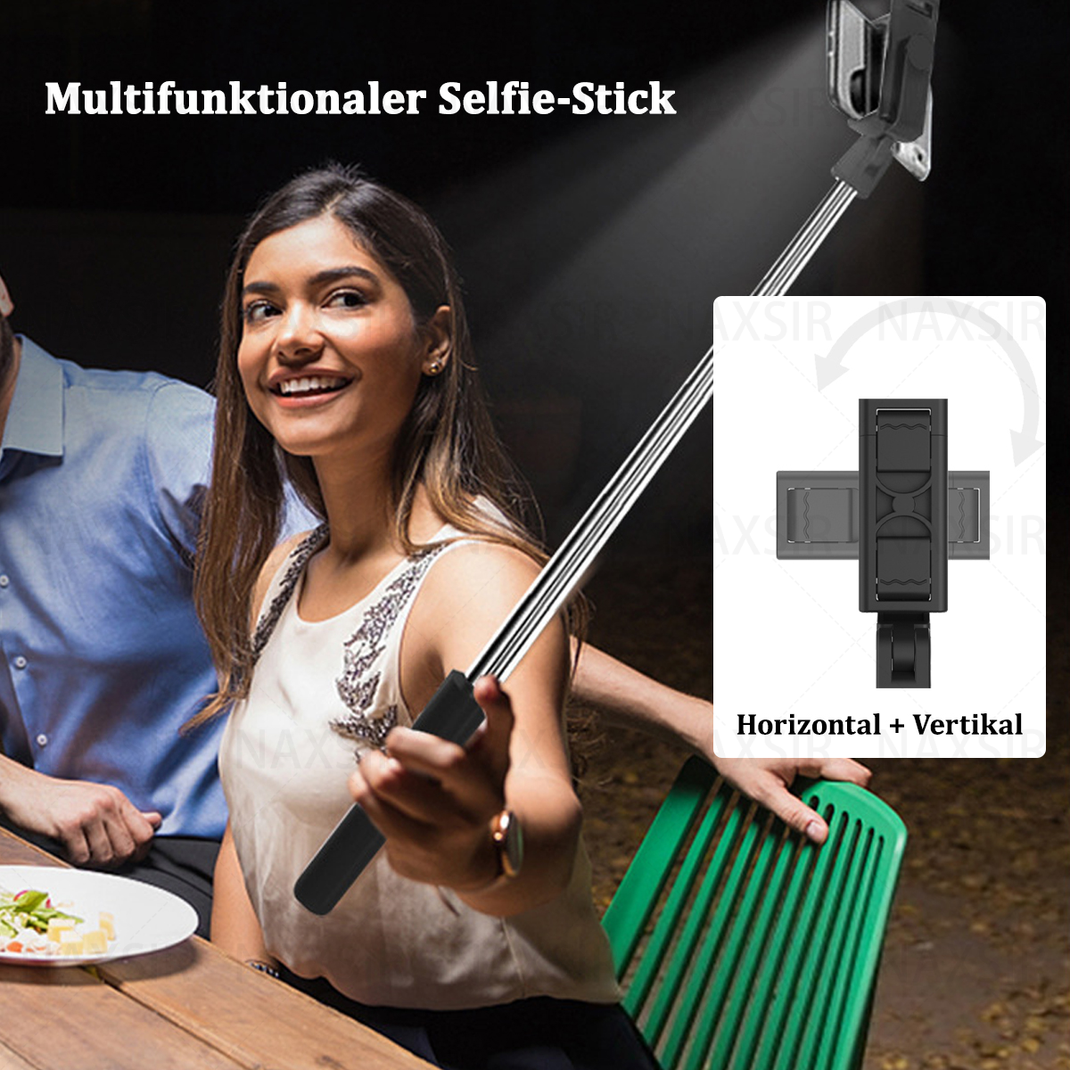Eine Frau hält einen Selfie-Stick, Telefon zeigt ein Foto. Text sagt: horizontal + vertikal.