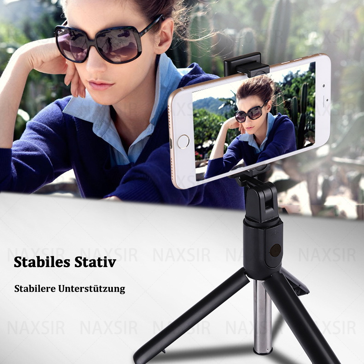 Eine Frau benutzt einen Selfie-Stick, mit einem Telefon, das ihr Selfie zeigt. Text sagt: stabiles Stativ, stabiler Halt.