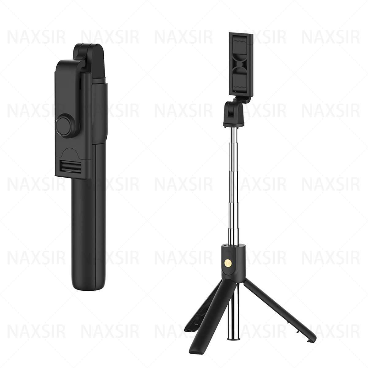 Zwei schwarze Selfie-Sticks, einer gefaltet und einer ausgefahren mit Stativbasis, mit einer Telefonhalterung.