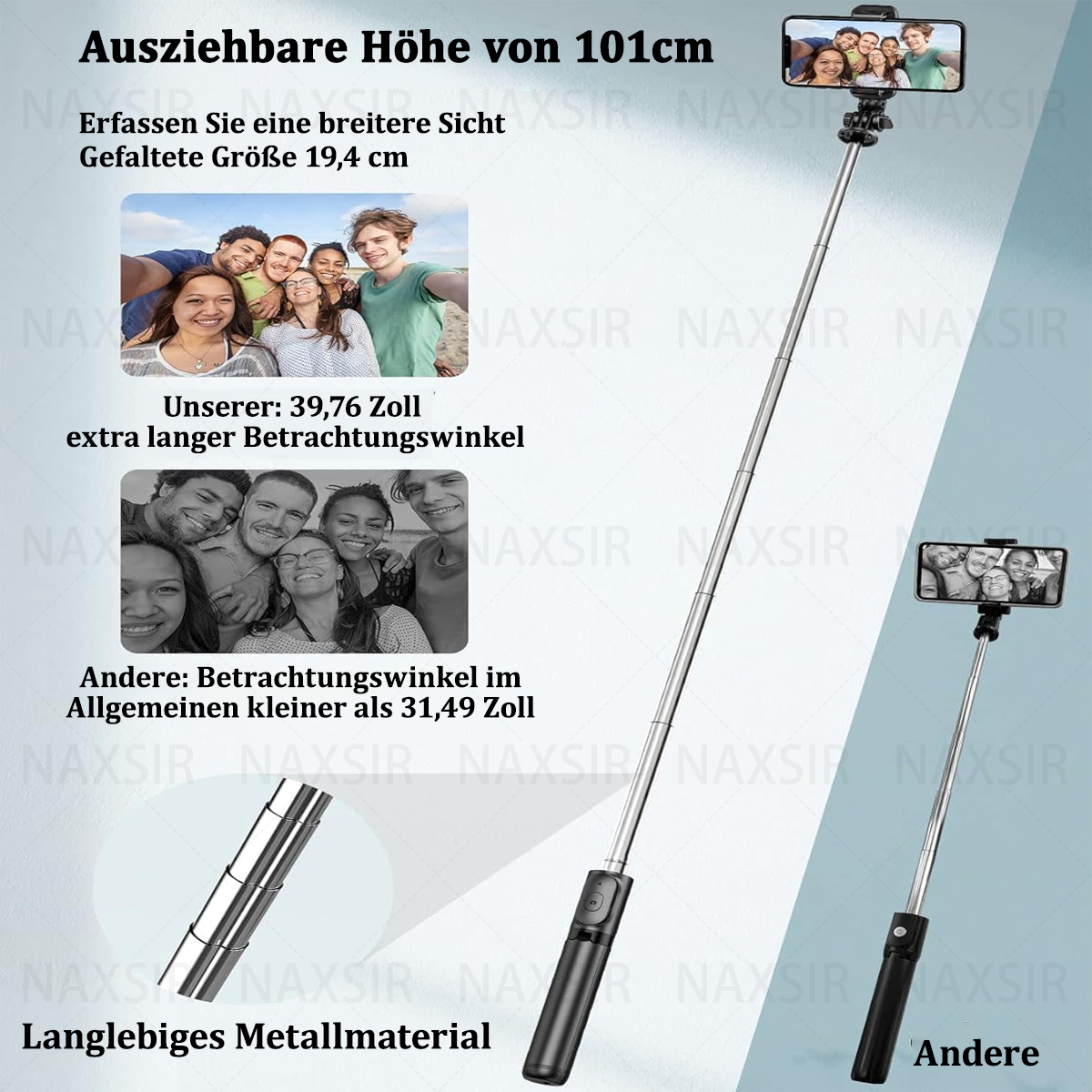 Selfie-Stick mit Telefon, ausgefahren und zusammengeklappt, mit Gruppenfotos und Text.