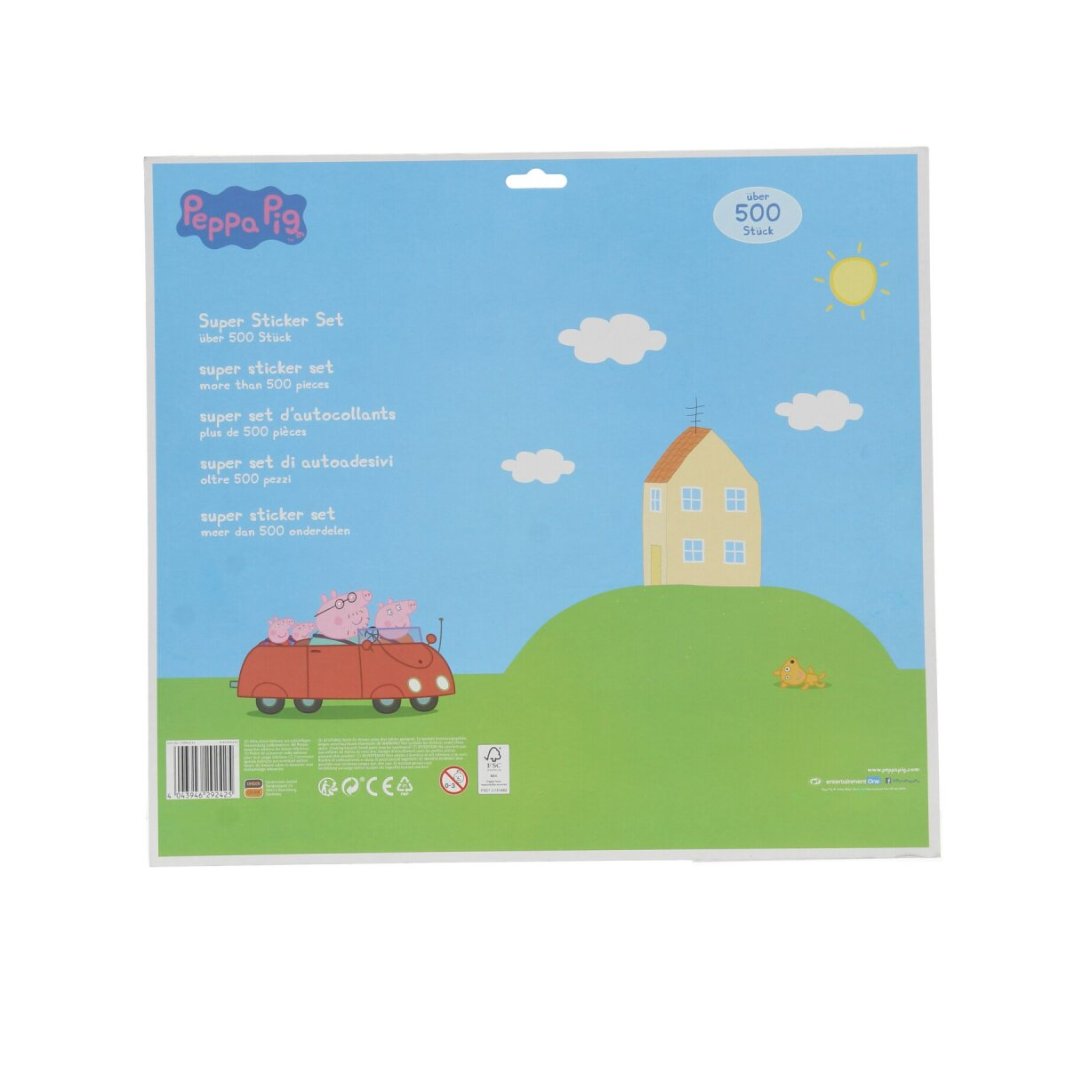 Die Rückseite eines Peppa Pig Aufkleber-Sets, das die Aufkleber und ein Haus zeigt.