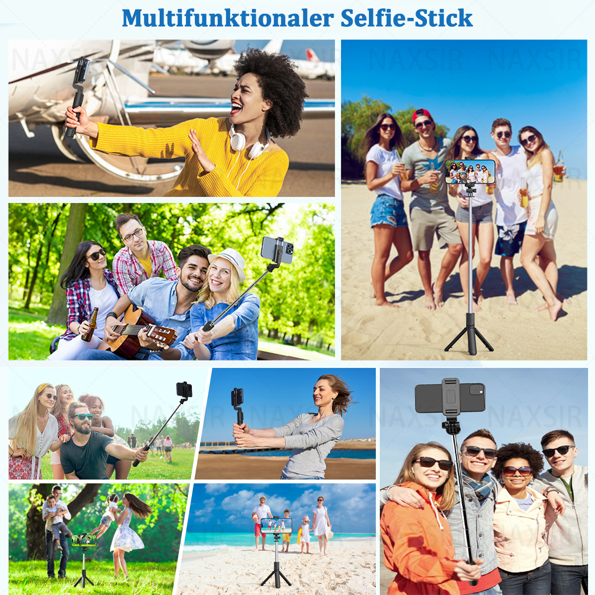 Eine Collage von Personen, die einen Selfie-Stick in verschiedenen Umgebungen verwenden: Strand, Park und Innenräume.