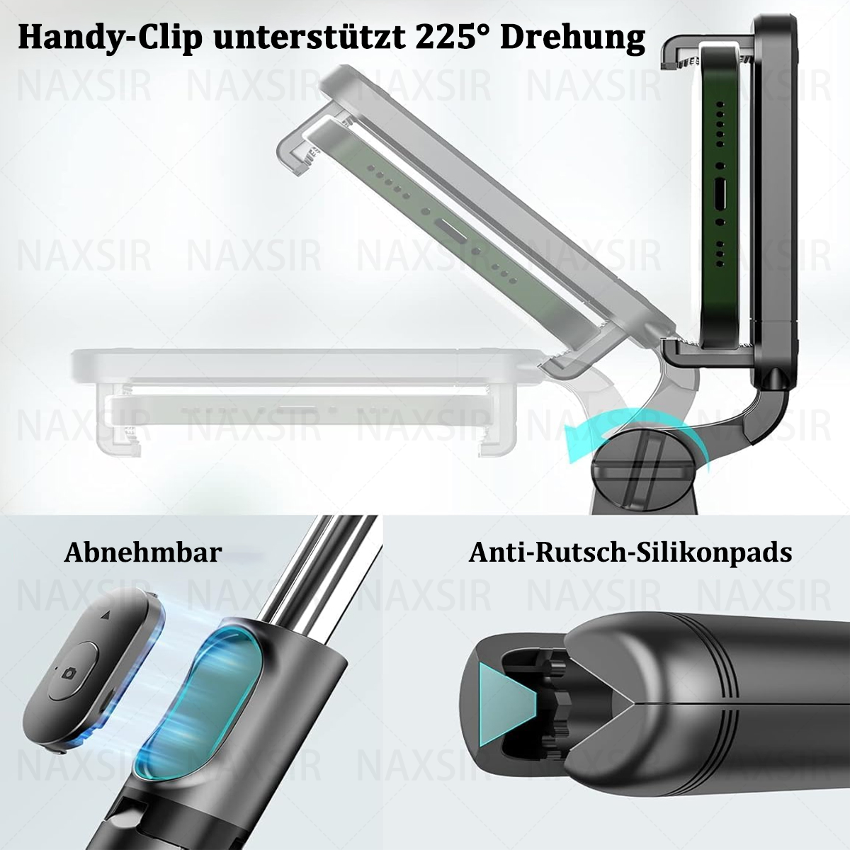 Ein Telefonhalter mit abnehmbarer Fernbedienung. Er zeigt eine 225°-Drehung. Mit Anti-Rutsch-Pads.
