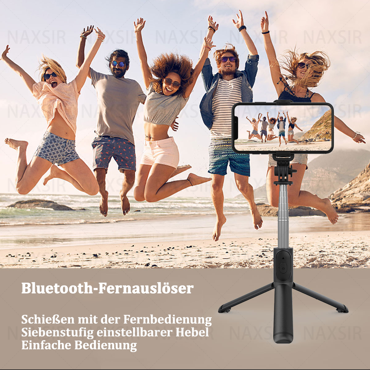 Eine Gruppe von Leuten springt in die Luft, mit einem Telefon auf einem Stativ. Das Telefon macht ein Foto.