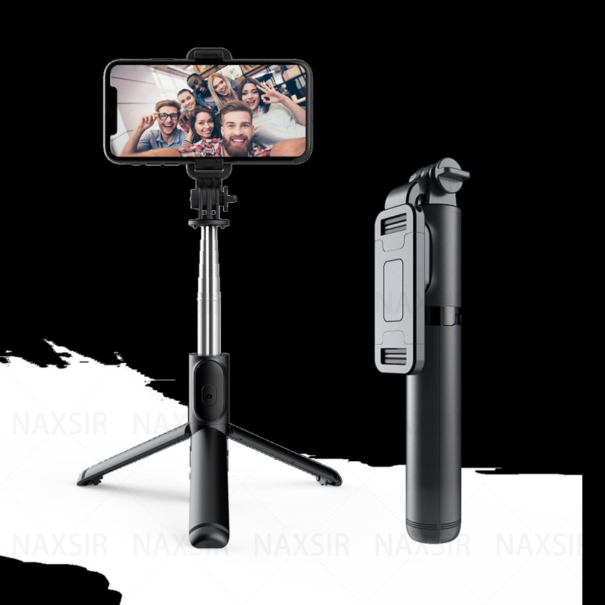Ein Selfie-Stick mit einem Telefon und einem zusätzlichen Griff. Der Stick ist schwarz mit einem Stativfuß.