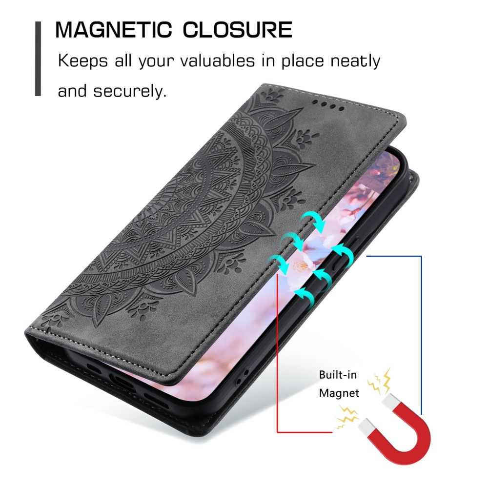 Eine offene Handyhülle mit Mandala-Muster und einem eingebauten Magneten. Die Hülle ist grau.
