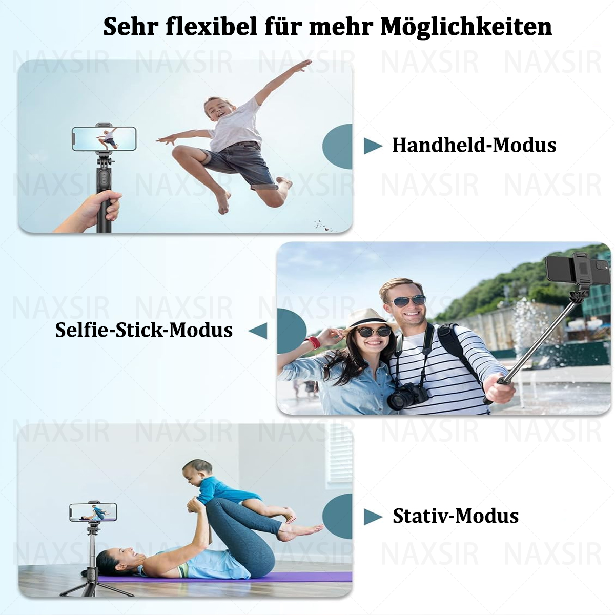 Drei Szenen, die die Verwendung eines Selfie-Sticks in verschiedenen Modi zeigen: Handheld, Selfie-Stick und Stativ.