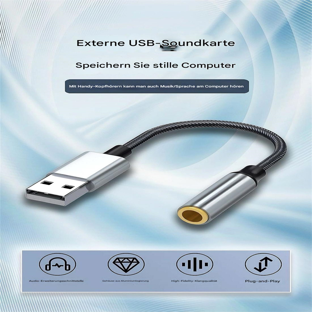USB-zu-3,5-mm-Audioadapter mit deutschem Text. Das Kabel ist geflochten, silber und schwarz.