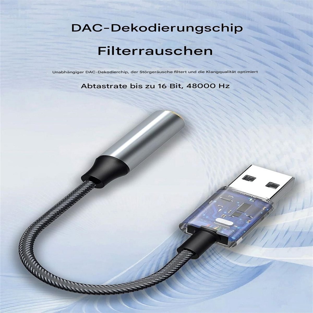 USB-zu-3,5-mm-Audioadapter mit Text. Geflochtenes Kabel, silber und schwarz, transparenter USB-Kopf.