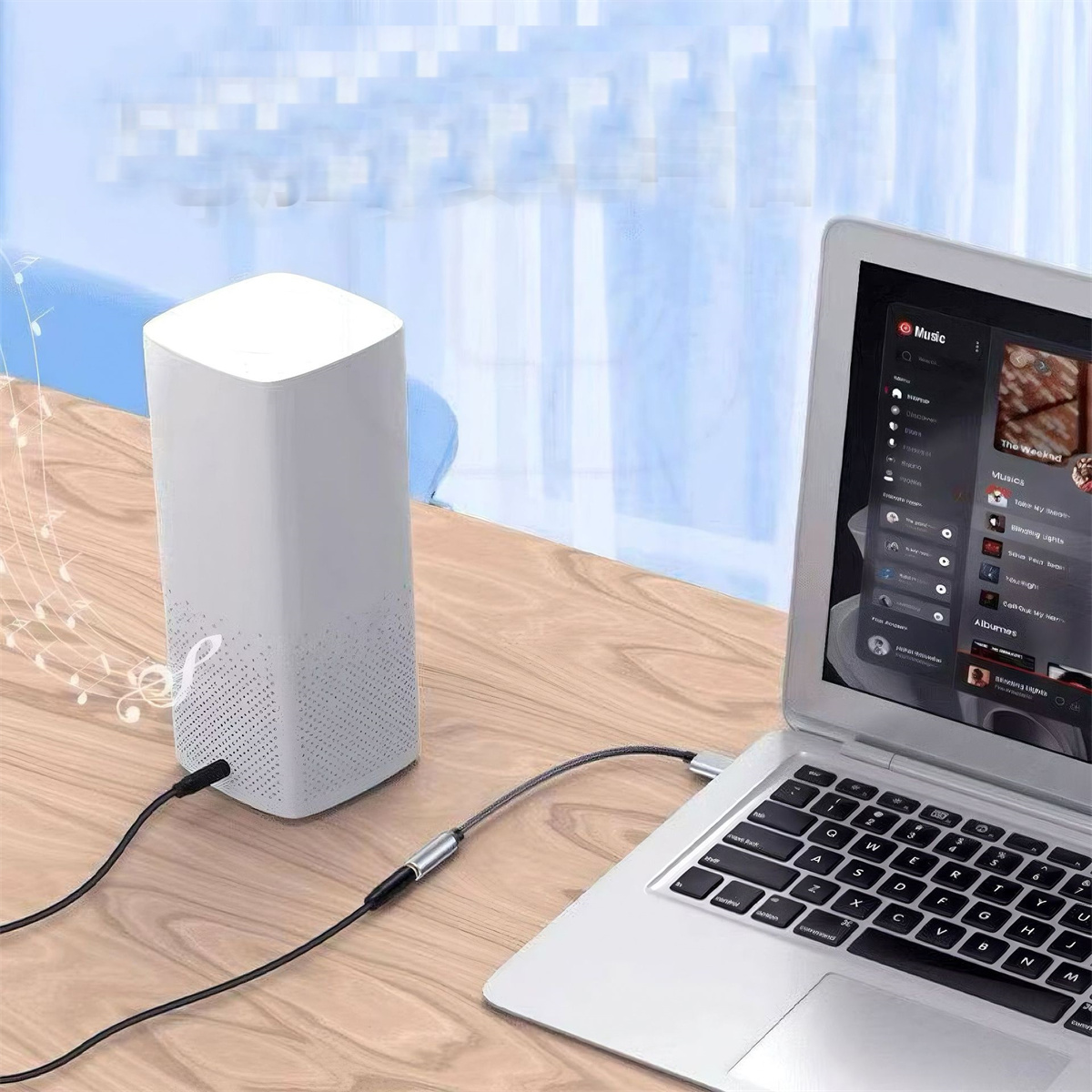 Ein weißer Lautsprecher, der mit einem Laptop verbunden ist. Der Laptop-Bildschirm zeigt eine Musikoberfläche.