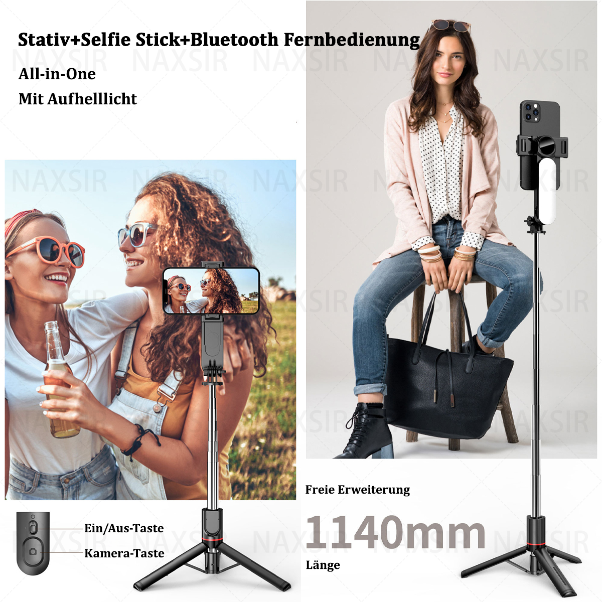 Leute fotografieren mit einem Telefon auf einem Stativ. Andere Leute im Hintergrund. Weißer Hintergrund.