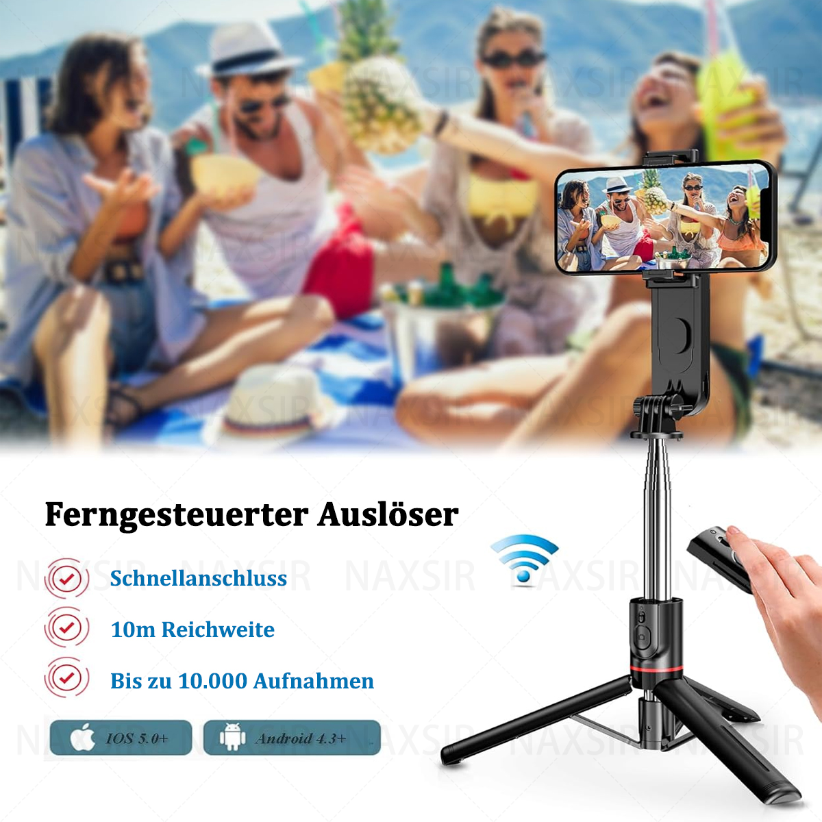 Leute am Strand machen Fotos. Telefon auf Stativ. Fernbedienung in der Hand. Hintergrund: Strand.