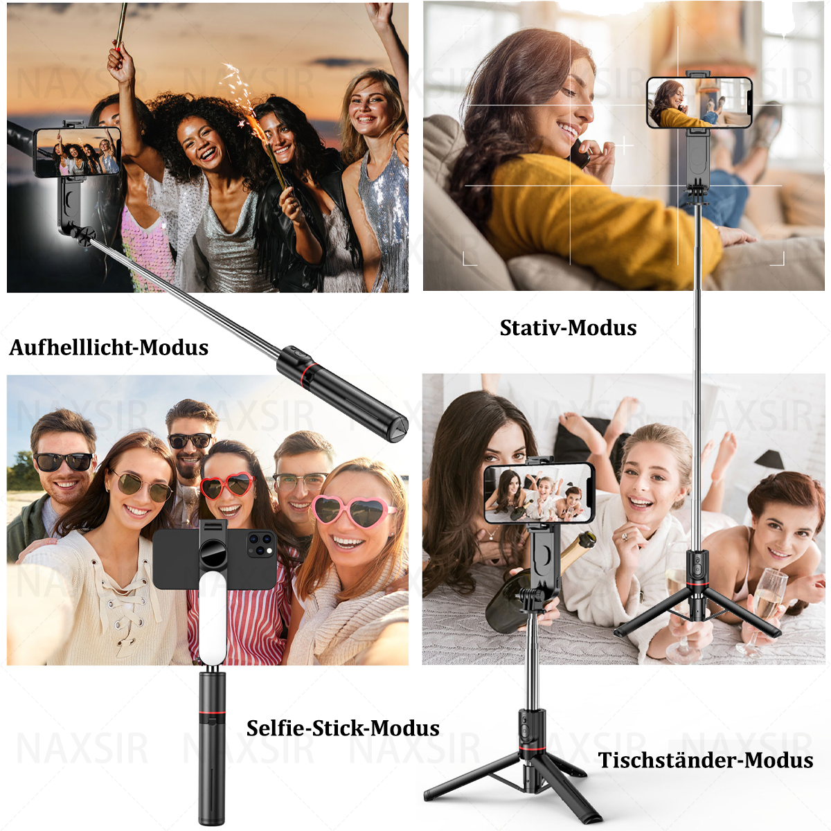 Mehrere Bilder von Menschen, die Selfie-Sticks in verschiedenen Umgebungen verwenden. Verschiedene Modi gezeigt.