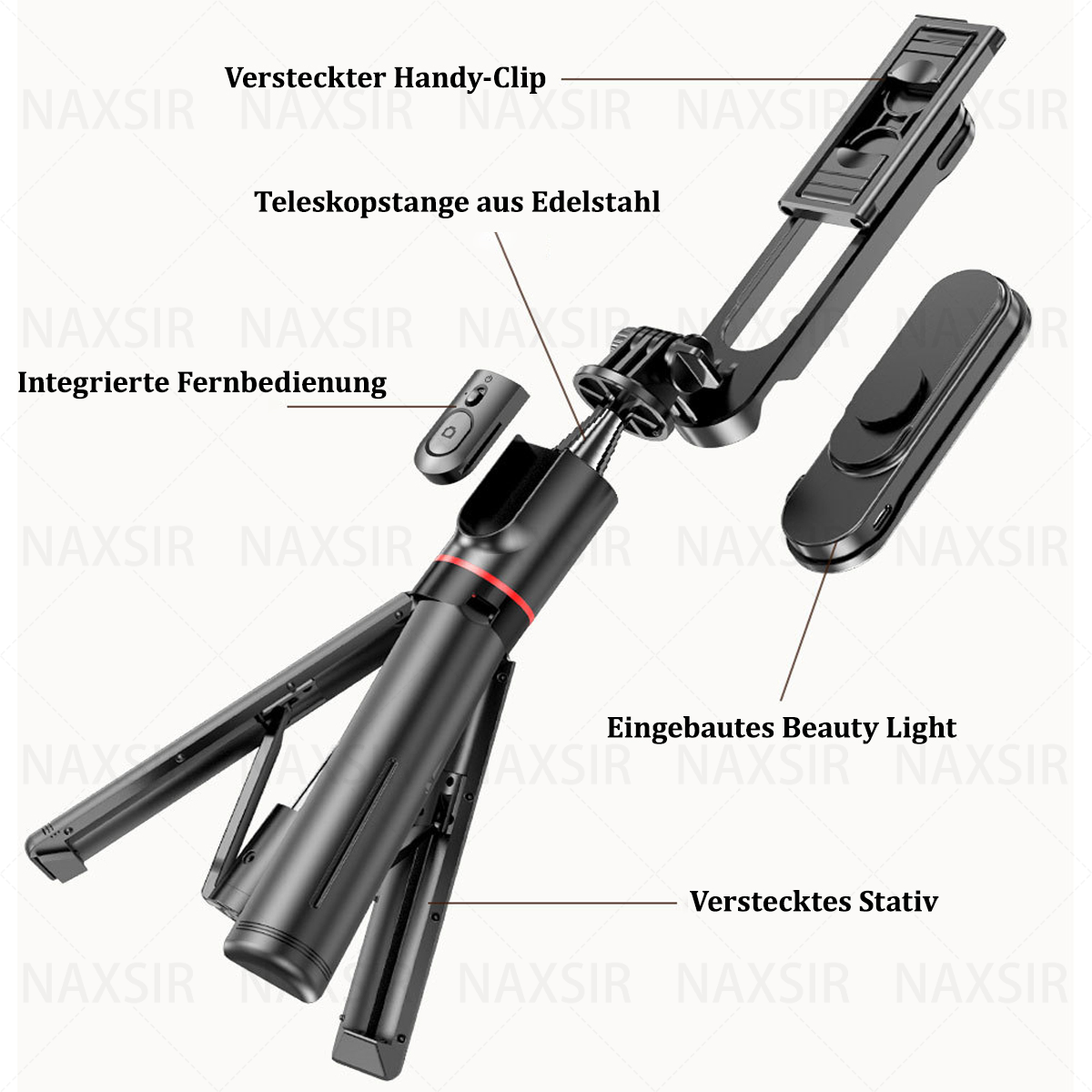Selfie-Stick-Komponenten. Verschiedene Teile und Etiketten. Weißer Hintergrund.