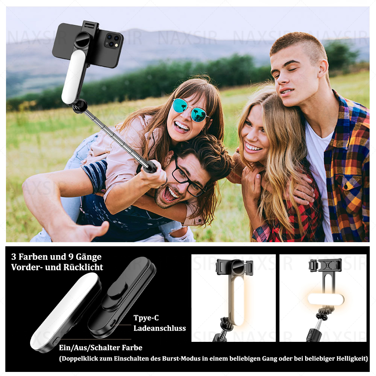 Vier Personen machen ein Selfie. Selfie-Stick mit Lichtern. Verschiedene Winkel und Farben. Hintergrund: schwarz.