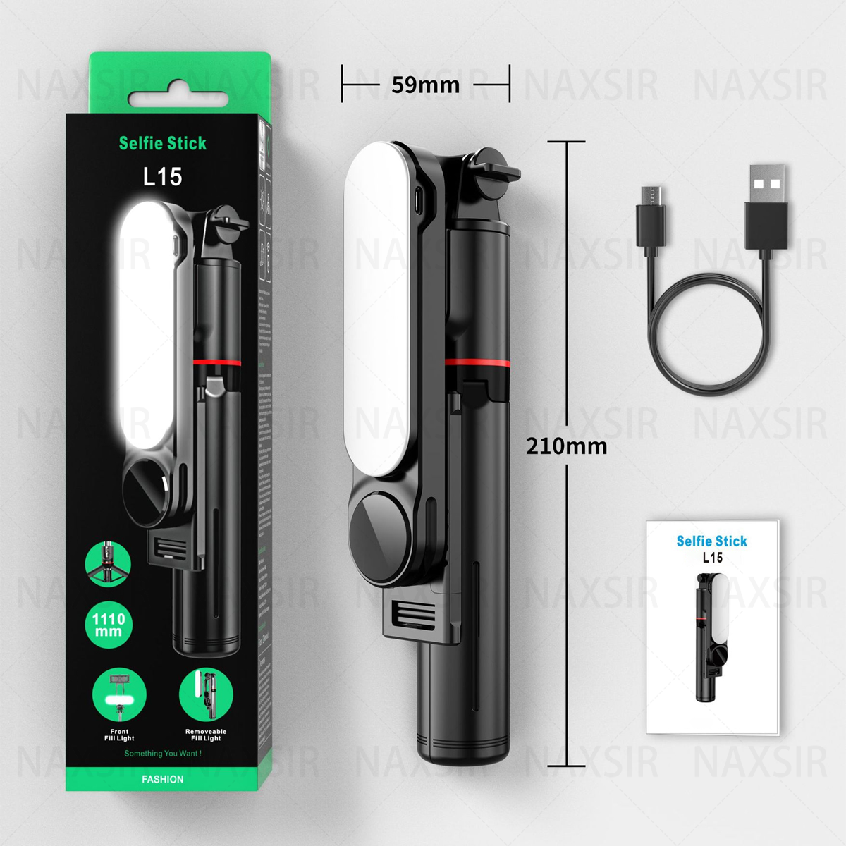 Selfie-Stick mit Box und Kabel. Schwarzer Stick, weiße Lichter und rote Akzente. Weißer Hintergrund.
