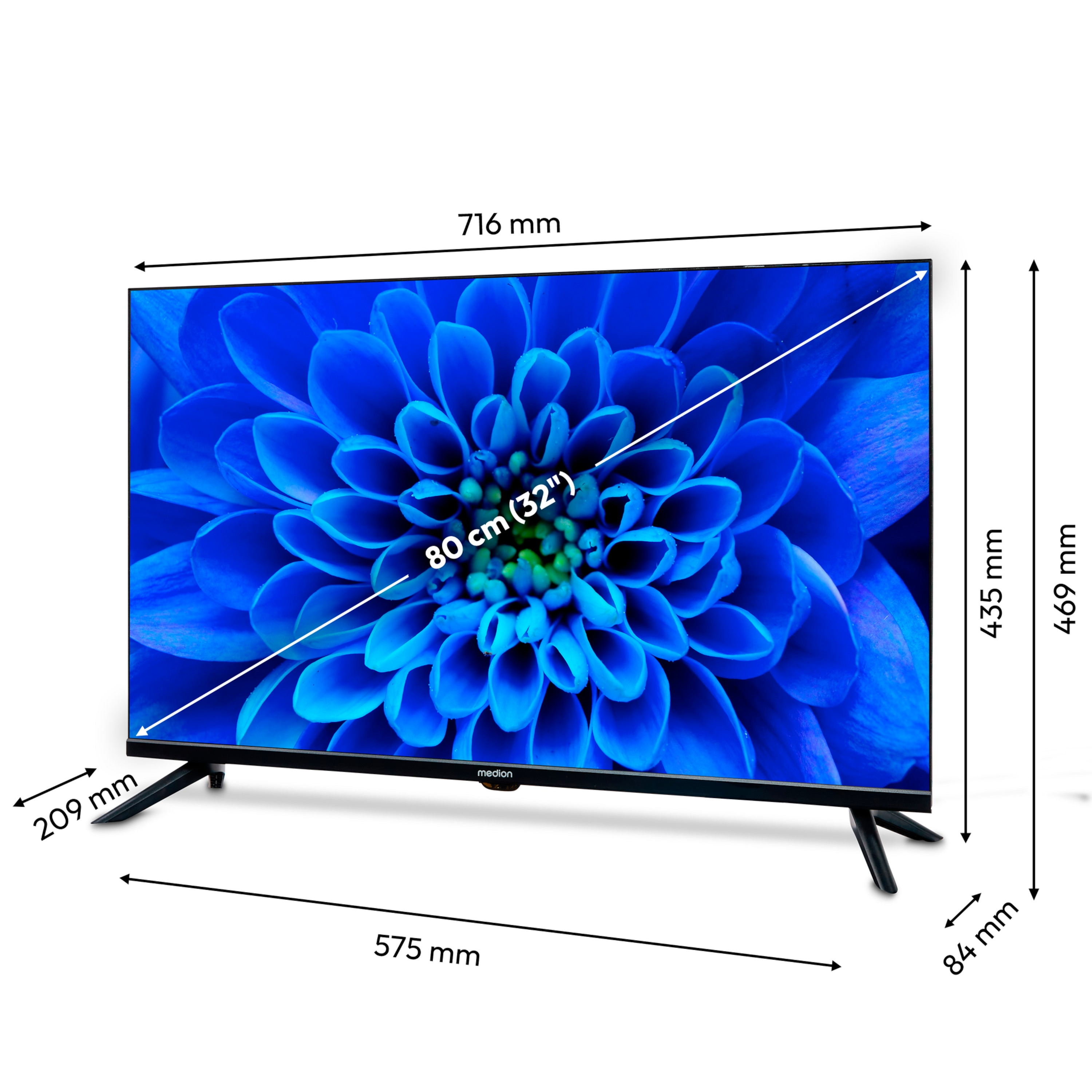 32-inch tv met een blauwe bloemenafbeelding. De tv staat op een witte achtergrond. Afmetingen in mm.