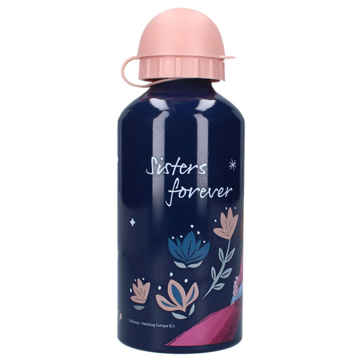 Blaue Wasserflasche mit rosa Deckel. Weißer Text: „Sisters forever“. Blumen und Sterne verzieren die Flasche.