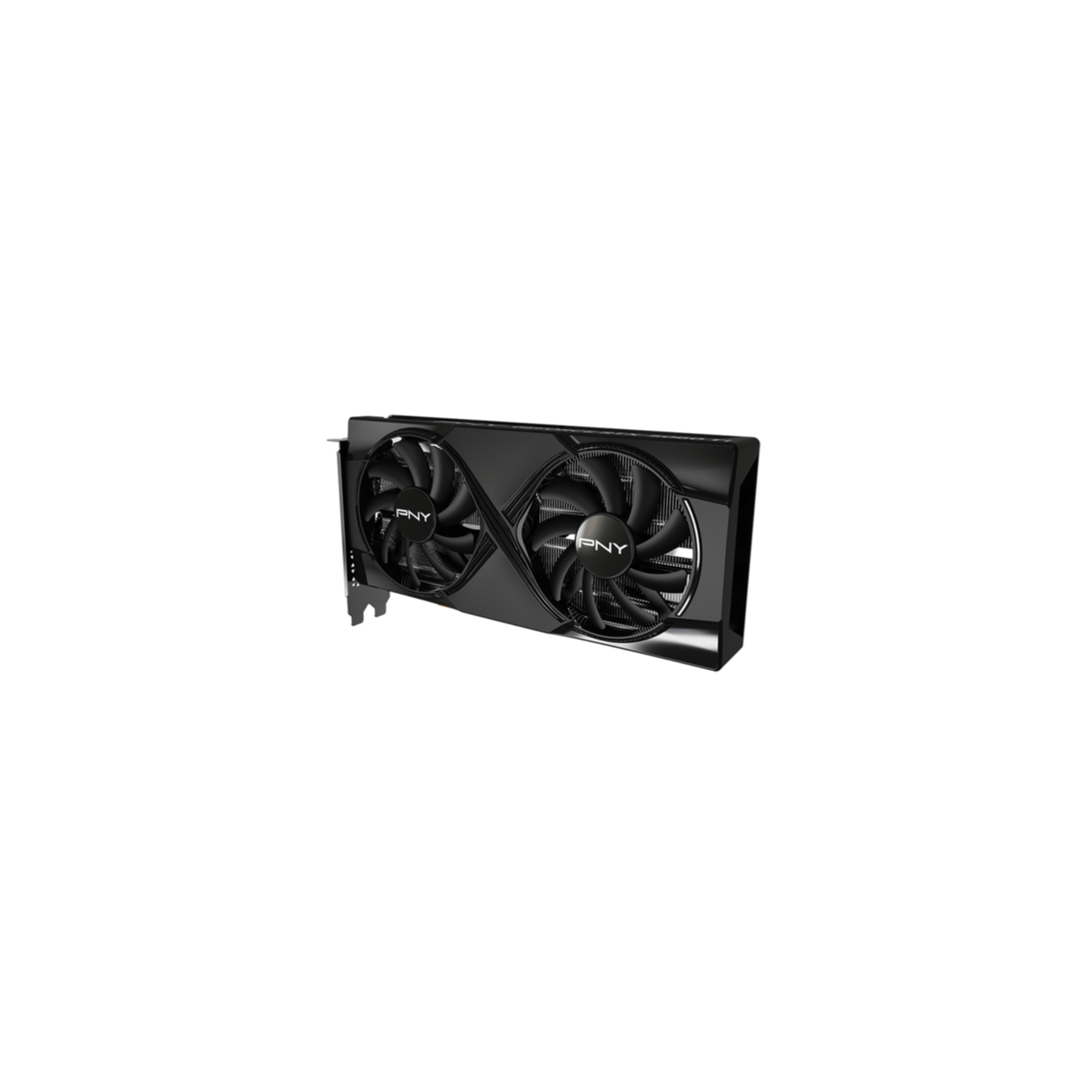 Black graphics card with two fans and PNY logo. On a white background. Angled view.