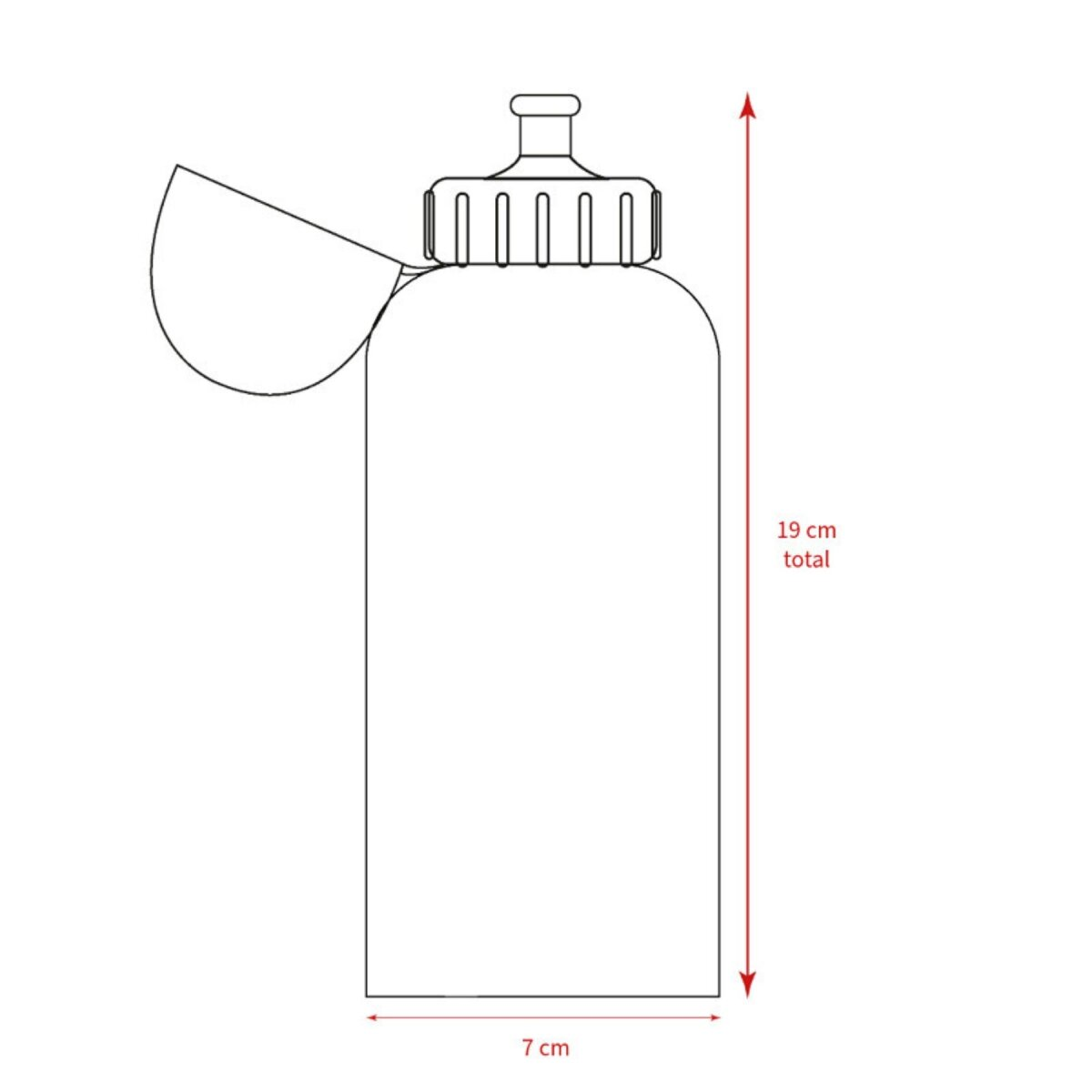Strichzeichnung einer Wasserflasche. Die Flasche hat einen rosa Deckel und einen Verschluss. Maße in cm.