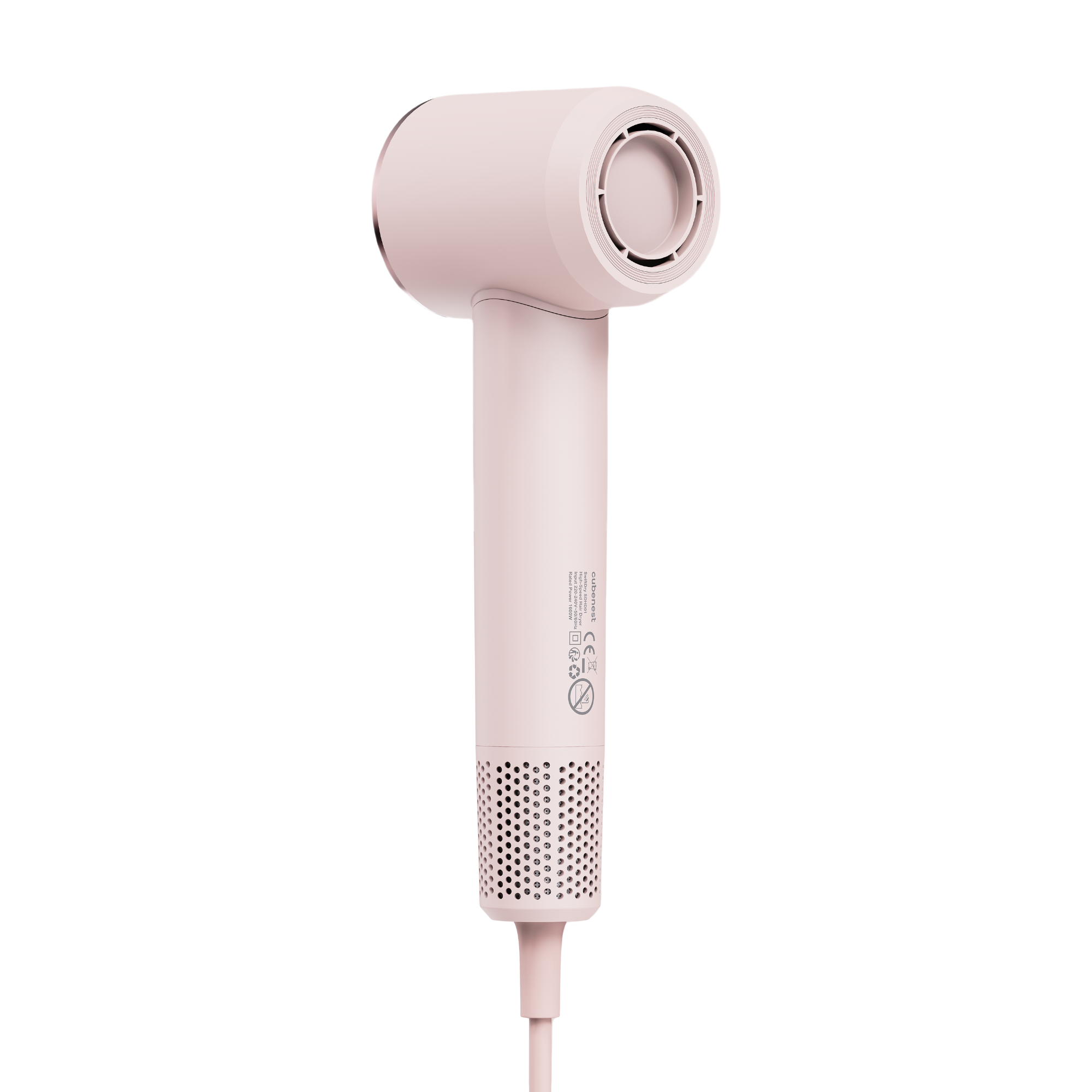 Ein rosa Haartrockner mit zylindrischem Körper, Griff und Düse. Es befindet sich auf weißem Hintergrund.
