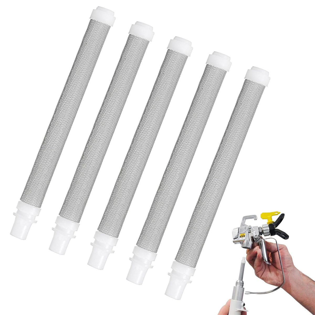 Sechs zylindrische Filter und ein Malwerkzeug. Die Filter sind silber und weiß. Eine Hand hält das Werkzeug.