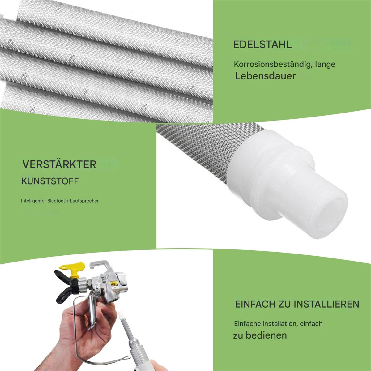 Ein Bild, das Edelstahl, verstärkten Kunststoff und einfach zu installierende Komponenten zeigt.