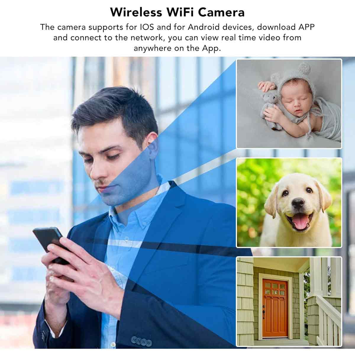 Mann im blauen Anzug, der auf ein Smartphone blickt. Bilder eines Babys, eines Hundes und einer Tür im Hintergrund.