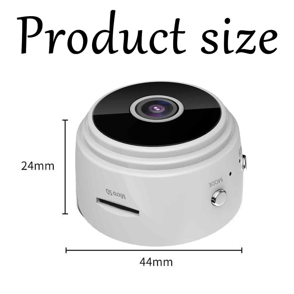 Weiße Mini-Kamera mit der Aufschrift 'Produktgröße'. Abmessungen: 44 mm breit, 24 mm hoch.