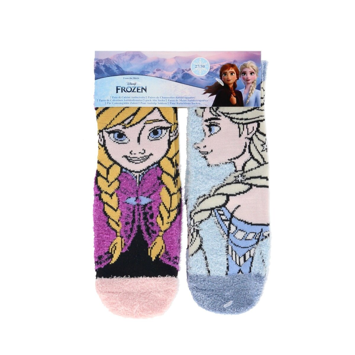 Zwei Frozen-Socken mit Anna und Elsa, jeweils mit einem Charaktergesicht, auf Weiß dargestellt.