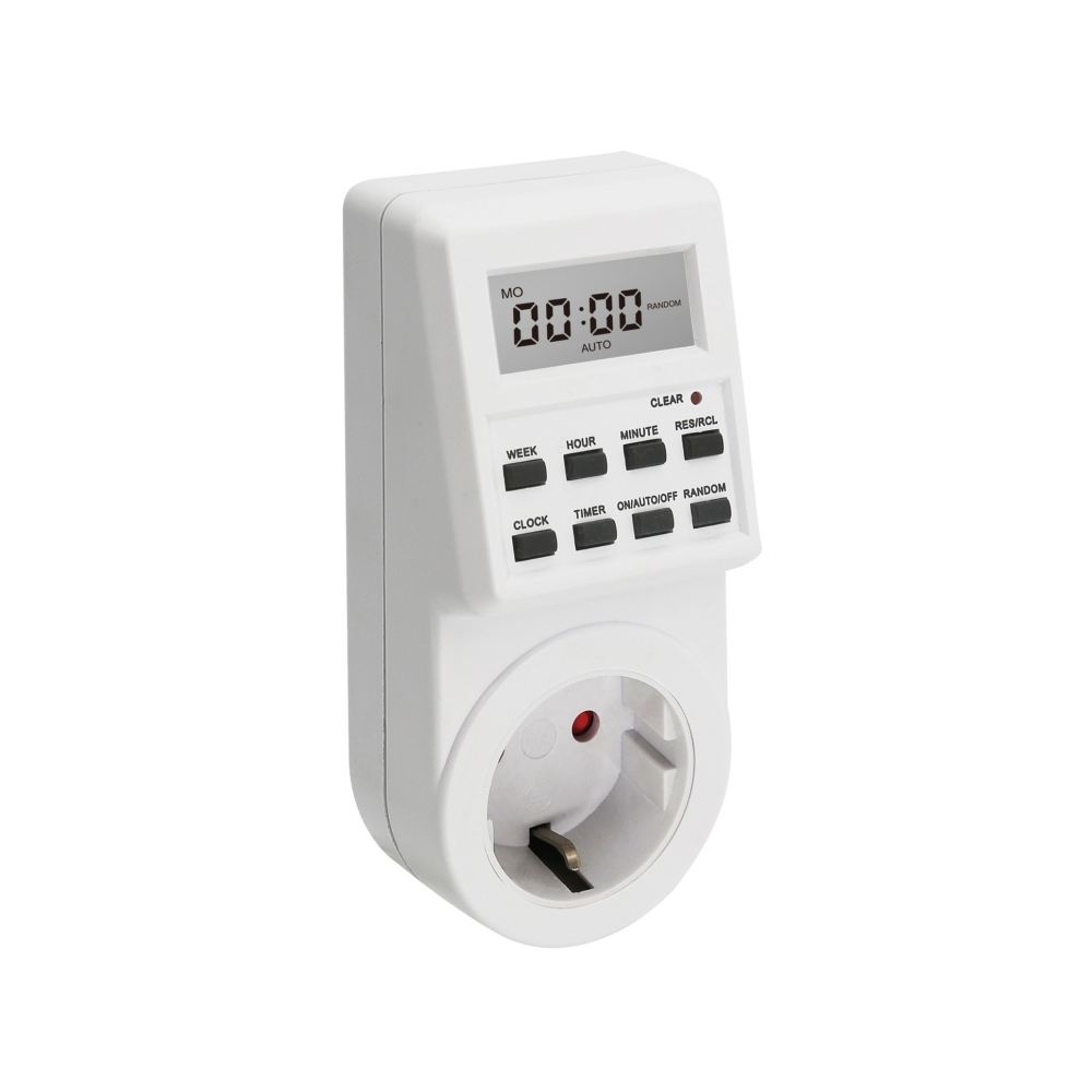 Ein weißer Timer mit digitaler Anzeige und Knöpfen.