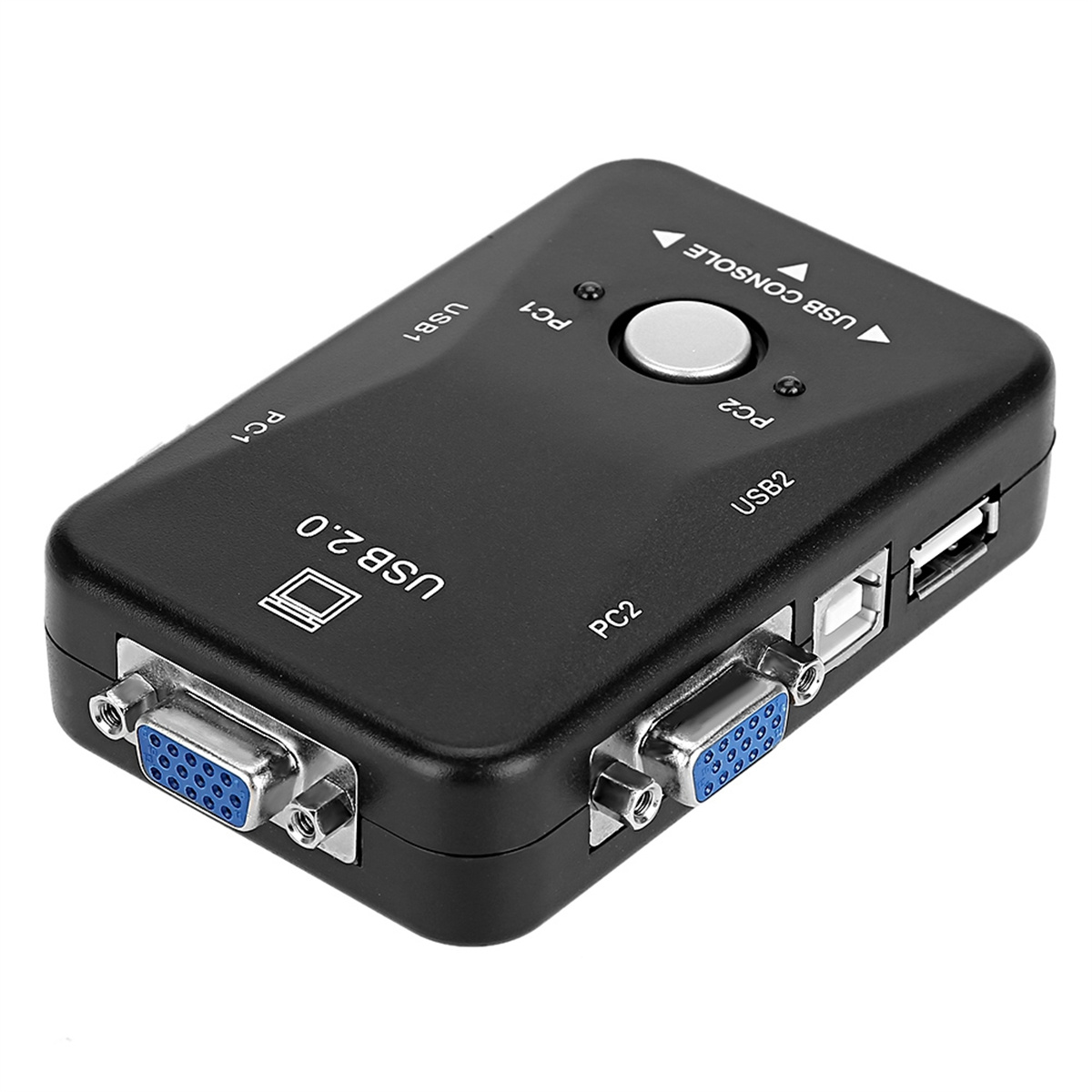 Schwarzer USB 2.0-Switch mit mehreren Anschlüssen und einer Taste. Textbeschriftungen PC1, PC2, USB1 und USB2.