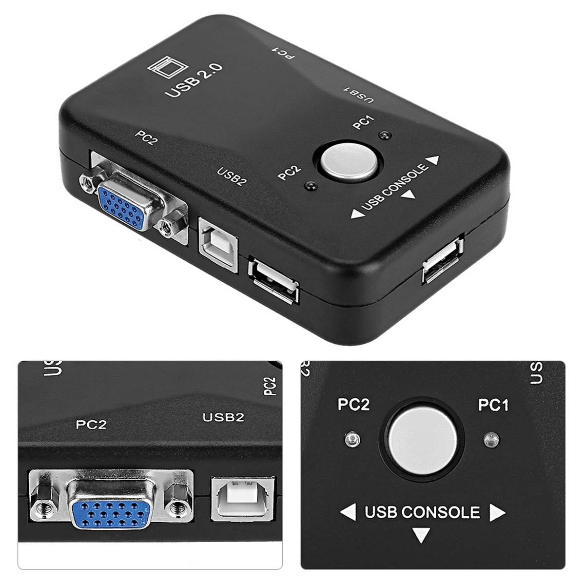 Ein schwarzer USB 2.0-Switch mit Anschlüssen und einem Knopf. Nahaufnahmen zeigen Anschlüsse und Knopfdetails.