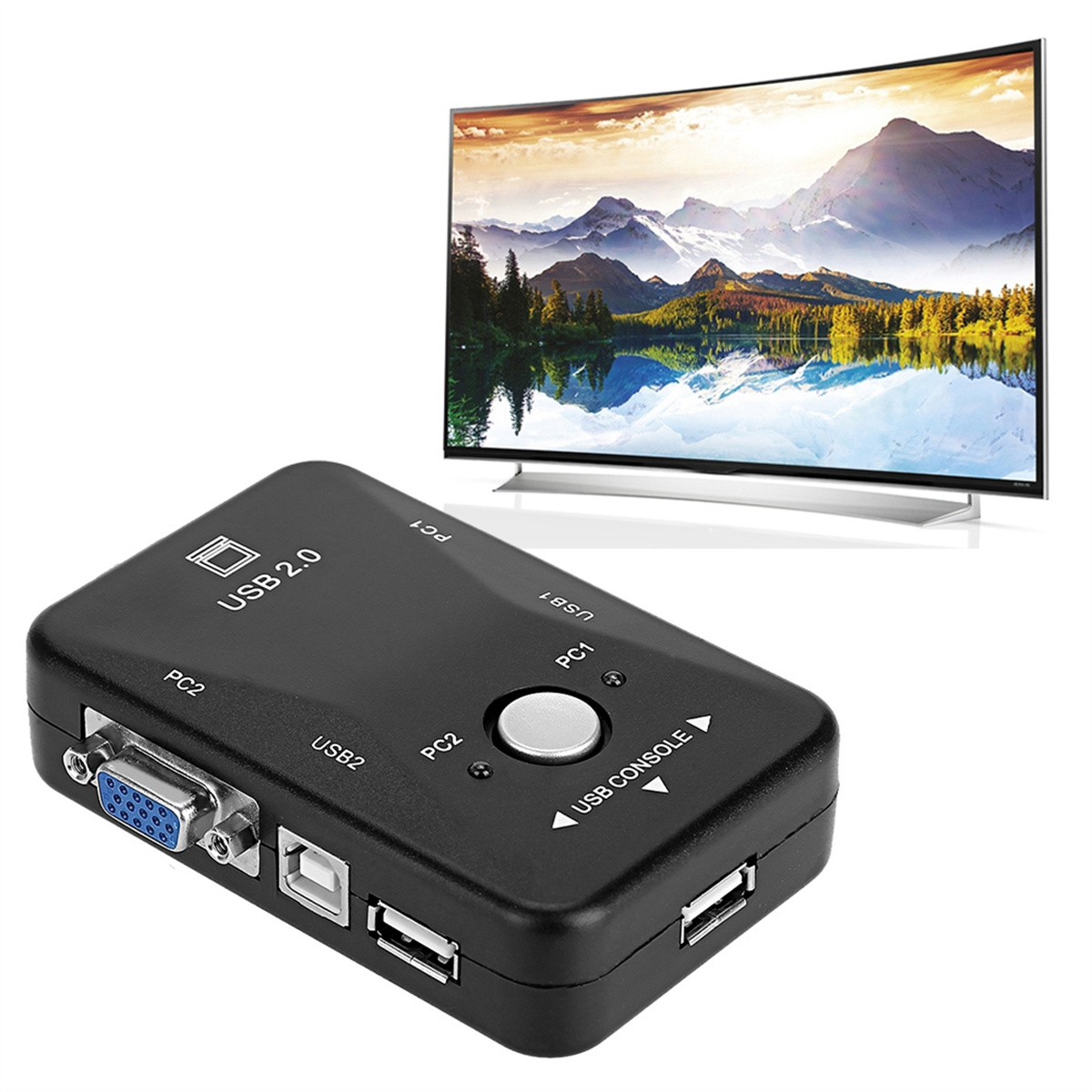 Schwarzer USB 2.0 Switch mit mehreren Anschlüssen, einem silbernen Knopf und einem Fernsehbildschirm im Hintergrund.