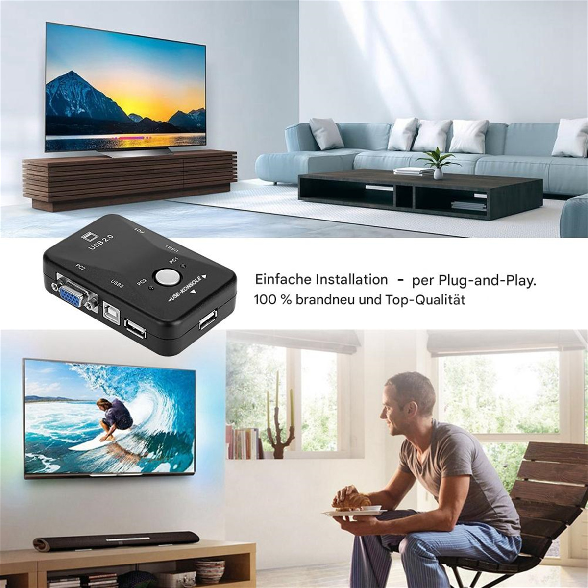USB 2.0-Switch, zwei Fernseher, ein Mann und deutscher Text, der Plug-and-Play und Qualität beschreibt.