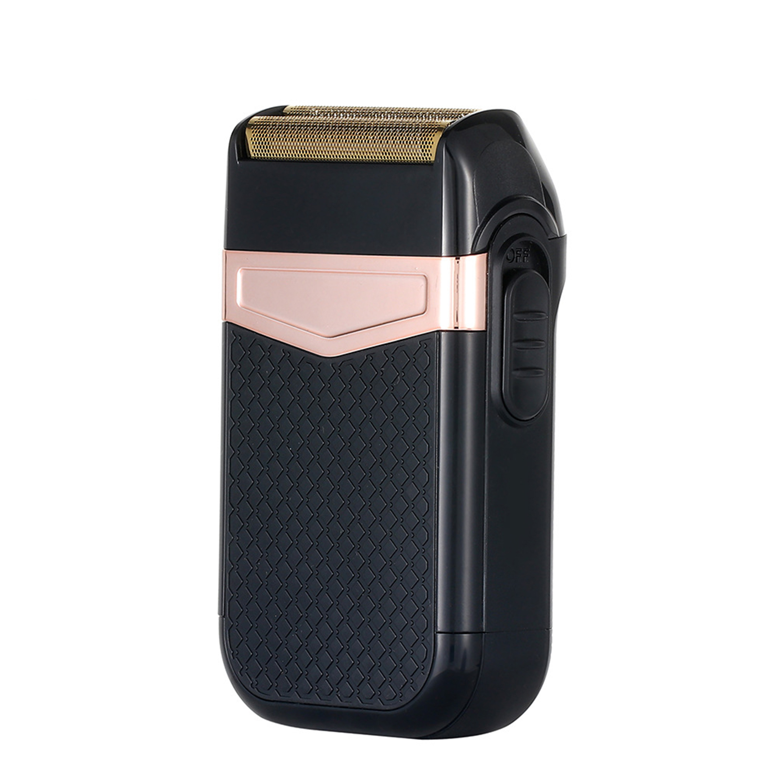 Schwarzer Elektrorasierer mit Goldakzent und roségoldfarbenem Besatz auf weißem Hintergrund.