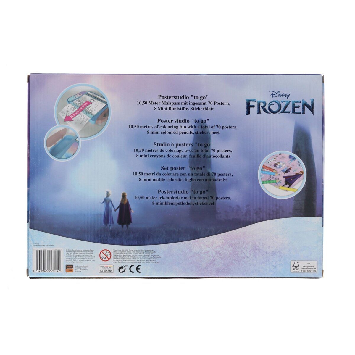 Retro di un set scatola studio poster Frozen con Anna ed Elsa in una scena nevosa viola.