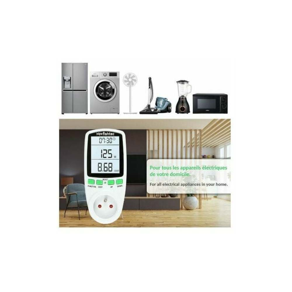 Anzeige des Strommessgeräts für Elektrogeräte, verschiedene Geräte im Hintergrund.