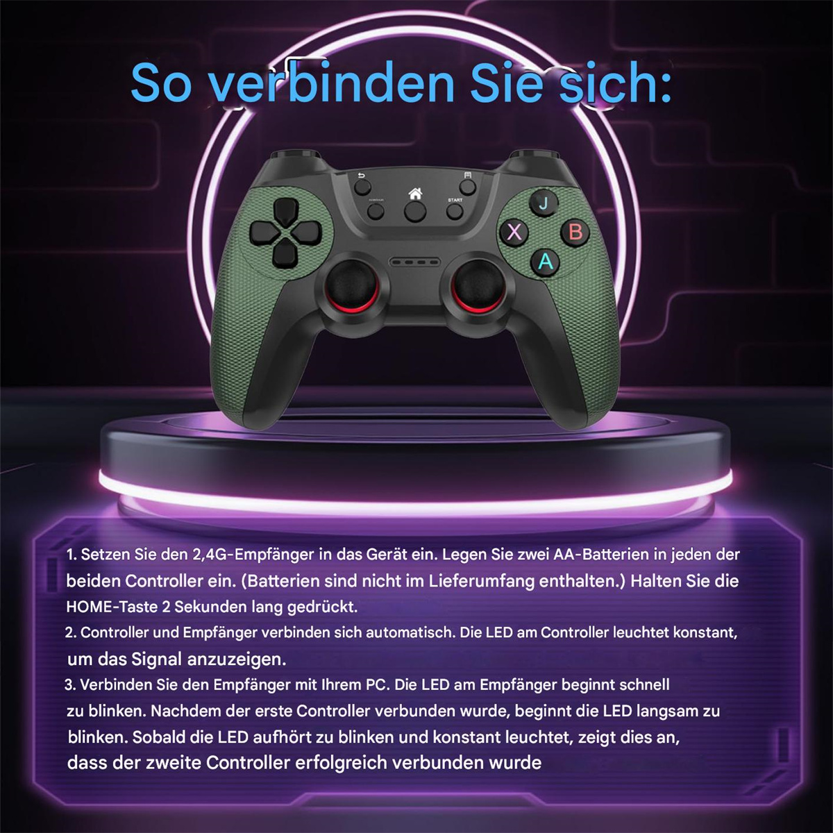 Grüner und schwarzer Gamecontroller auf einer lila Oberfläche mit Anweisungen.
