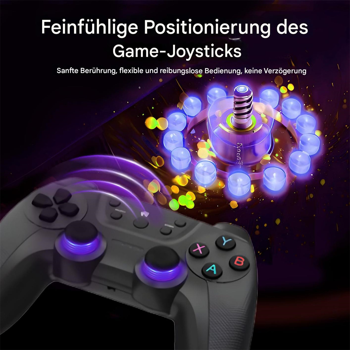 Gamecontroller mit lila Lichtern, Joystick und Tasten, Nahaufnahme.