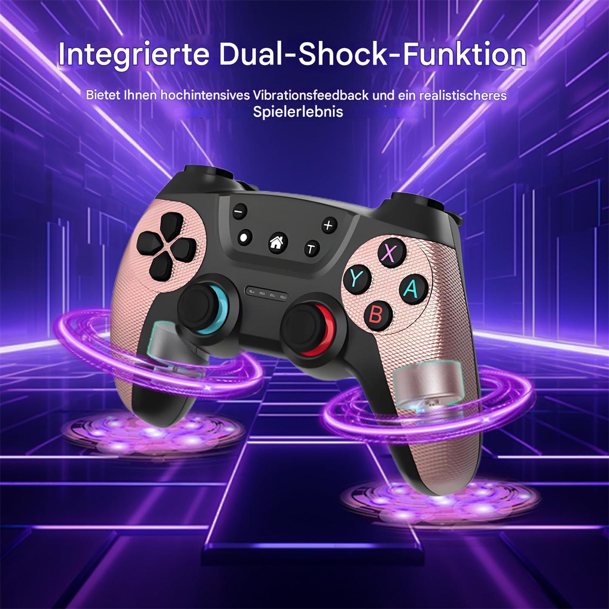 Ein schwarzer und roségoldener Controller mit rosa, blauen und schwarzen Knöpfen. Es hat zwei lila Ringe darum.