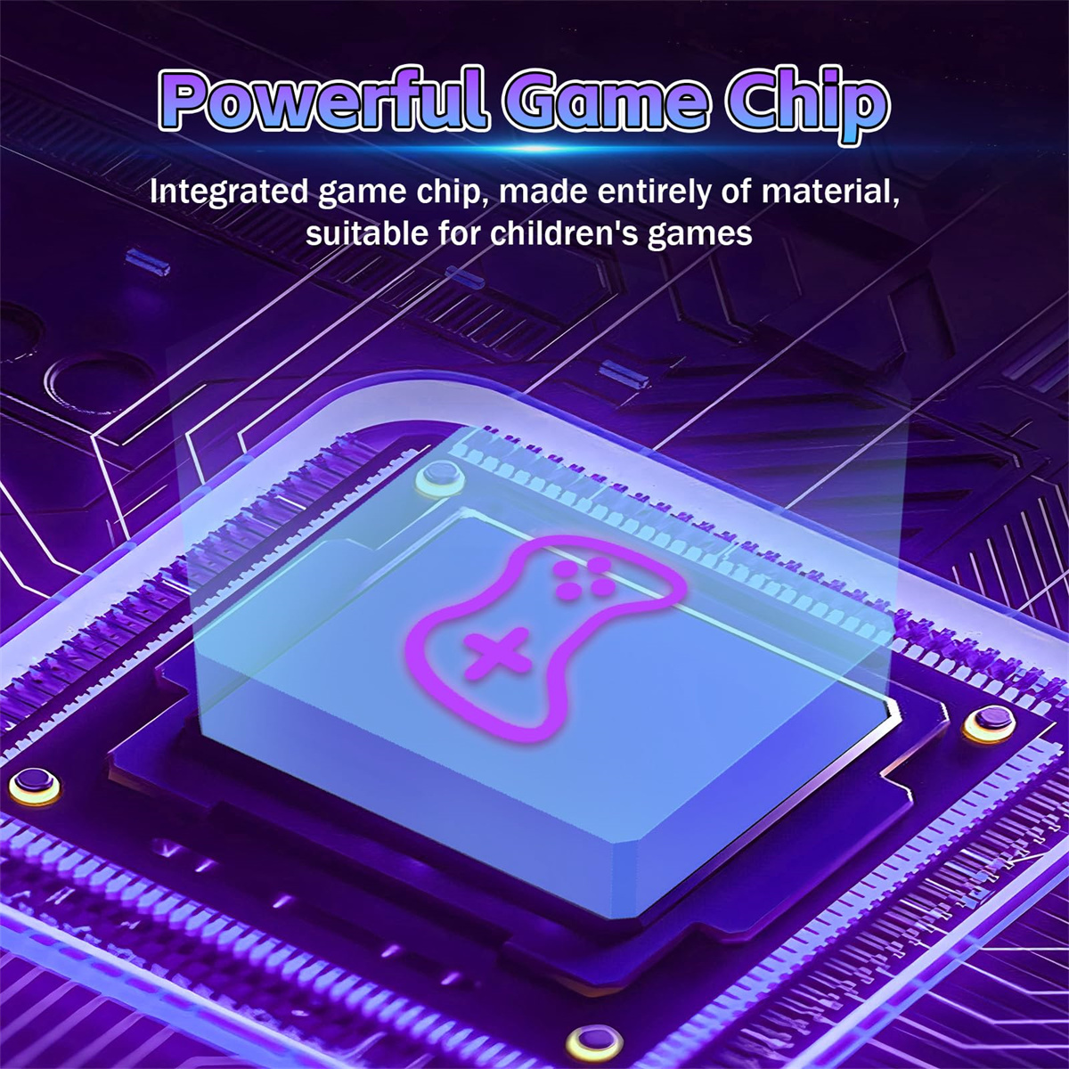 Ein Game-Chip mit einem rosa Joystick-Symbol auf einer blauen Oberfläche, umgeben von violetten Schaltkreislini.