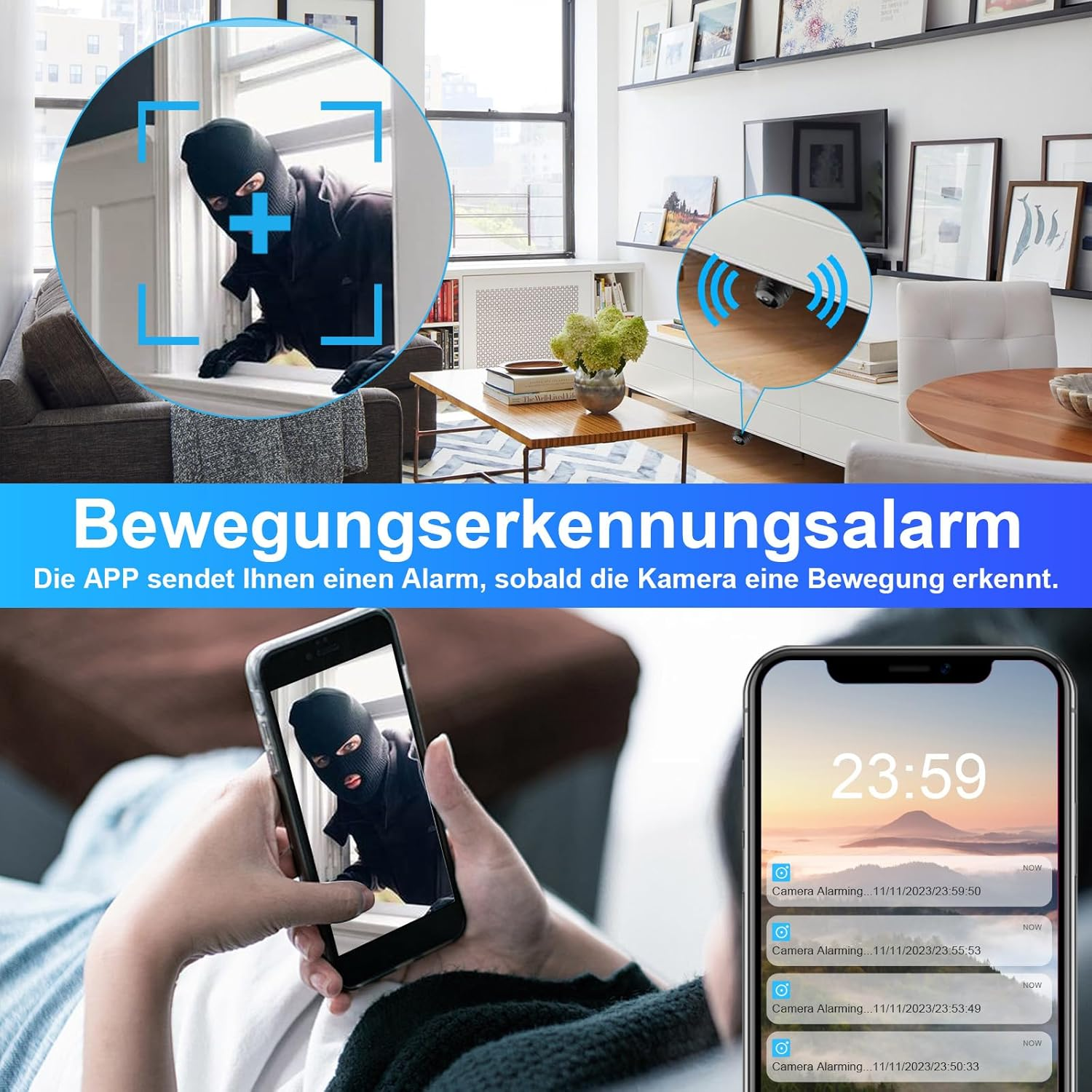 Eine Hausüberwachungskamera zeigt einen maskierten Mann in einem Haus. Ein Telefon zeigt eine Warnung über den Einbruch.