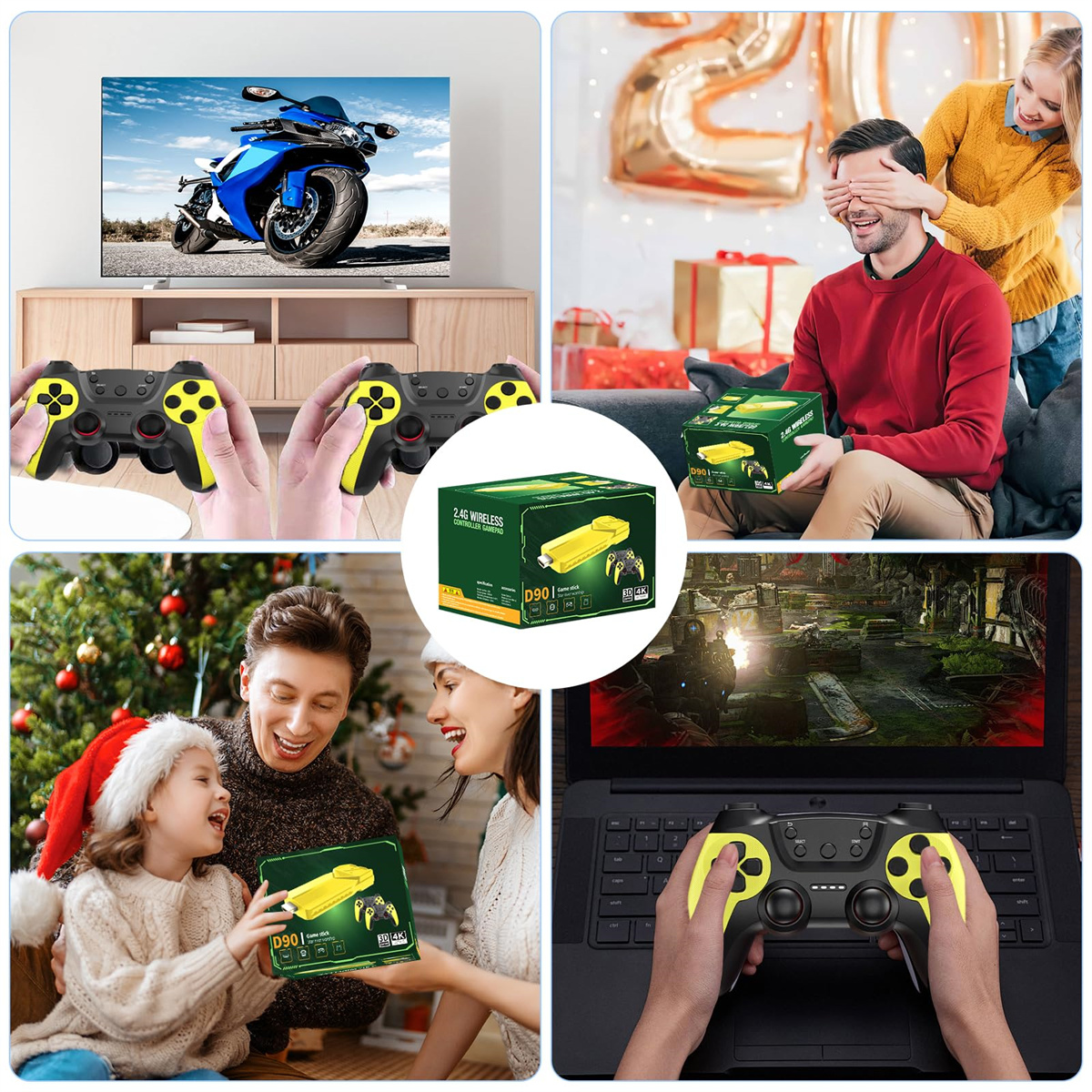 Mehrere Bilder mit Personen, die einen Controller, eine Geschenkbox und einen Fernseher benutzen.