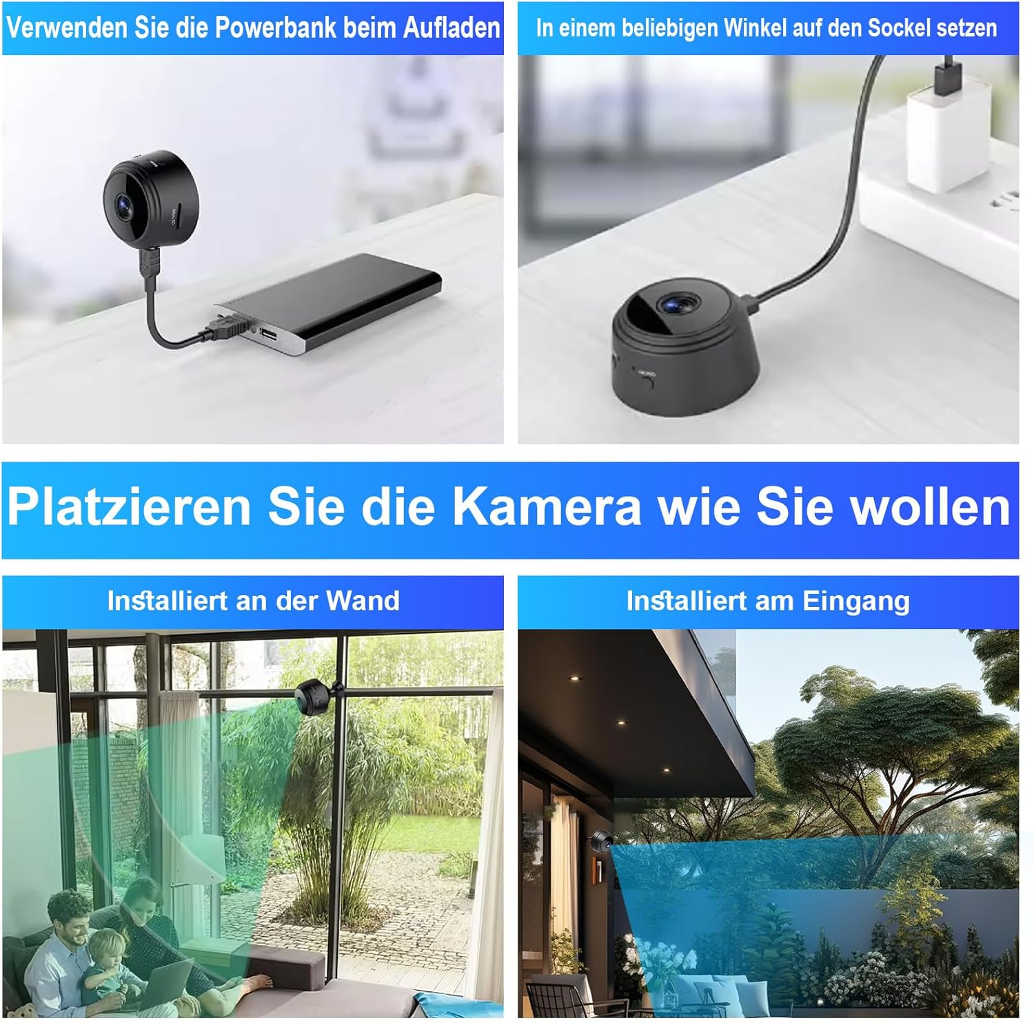 Mehrere Bilder, die demonstrieren, wie eine kleine Kamera in verschiedenen Szenarien verwendet werden kann.