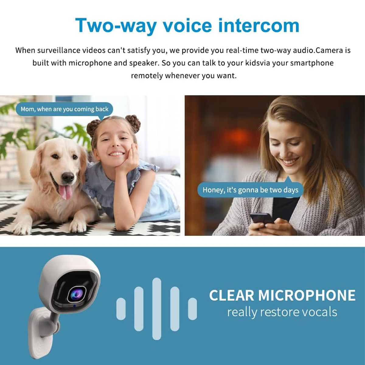 Zwei Bilder mit Text über eine Zwei-Wege-Sprach-Intercom-Funktion und eine Kamera.