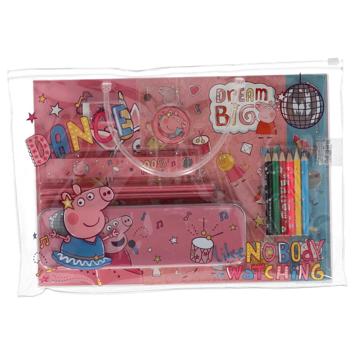 Rosa Peppa Wutz Schulmaterial in klarer Plastikverpackung. Enthält Bleistifte, ein Lineal und ein Federmäppchen.