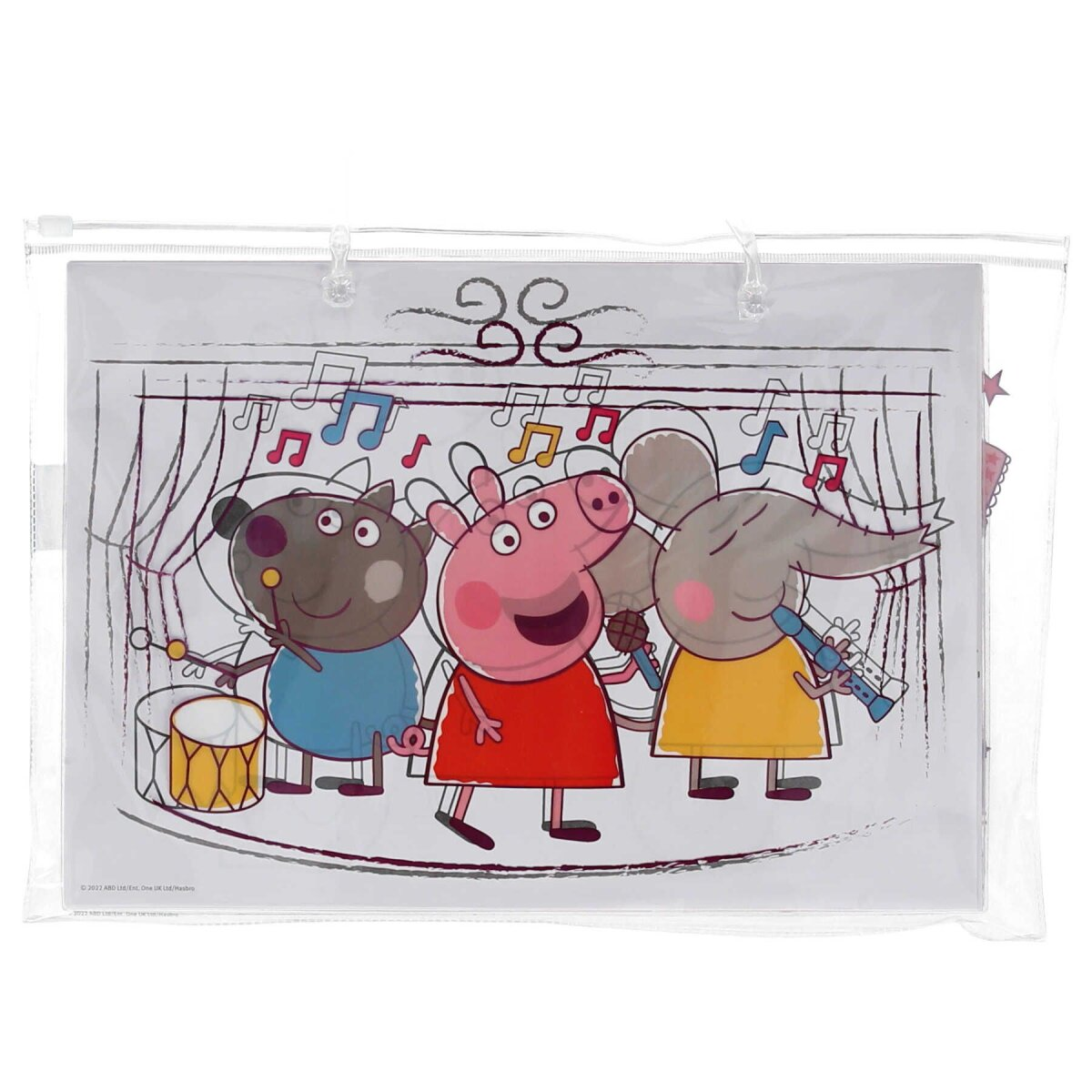 Peppa Wutz-Zeichnung mit drei Zeichentrickfiguren, die auf einer Bühne Instrumente spielen.