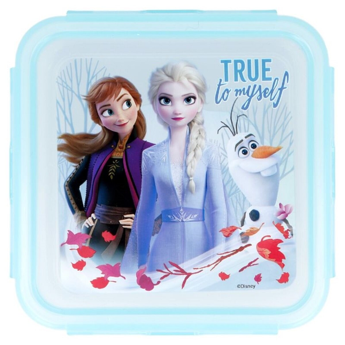 Frozen-Lunchbox mit Anna, Elsa und Olaf. Blaue Box mit weißem Hintergrund.