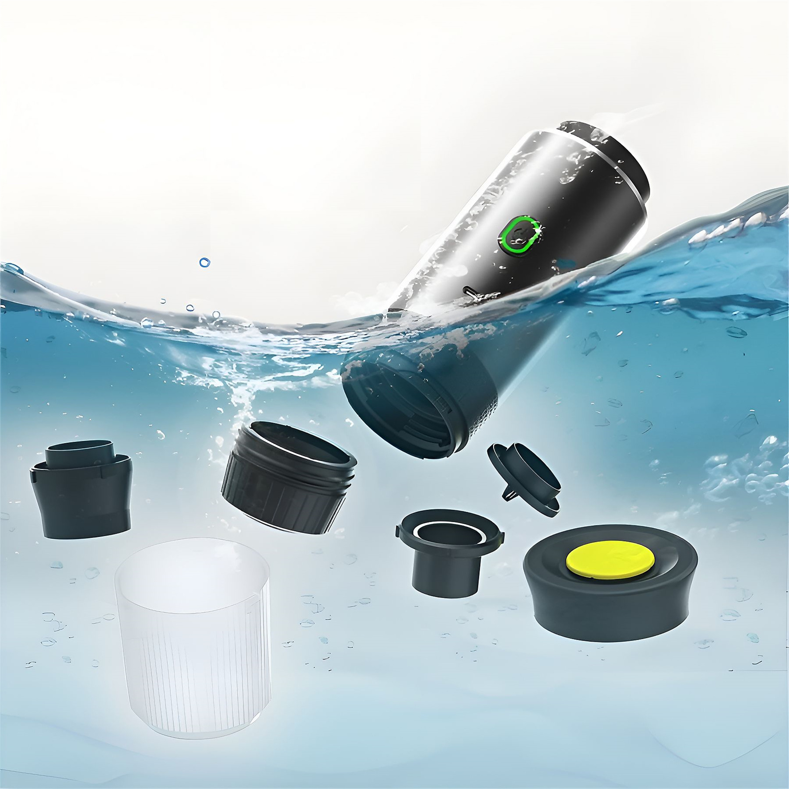 Zerlegte, schwarze Kaffeemaschinenteile, die im Wasser schweben. Klare Teile mit gelbem Knopf.